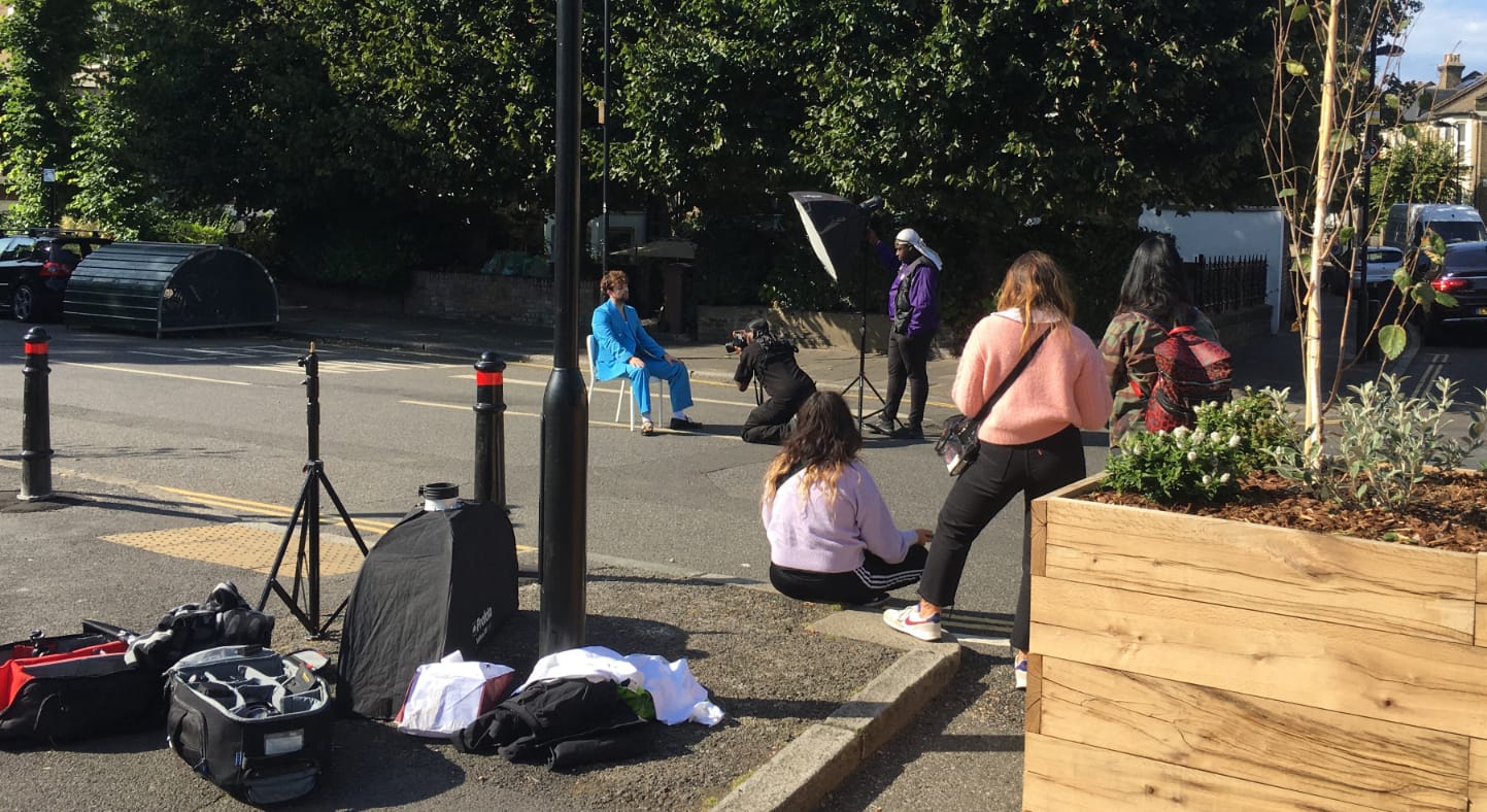 A fashion shoot in the middle of the street in the Hackney Downs LTN.