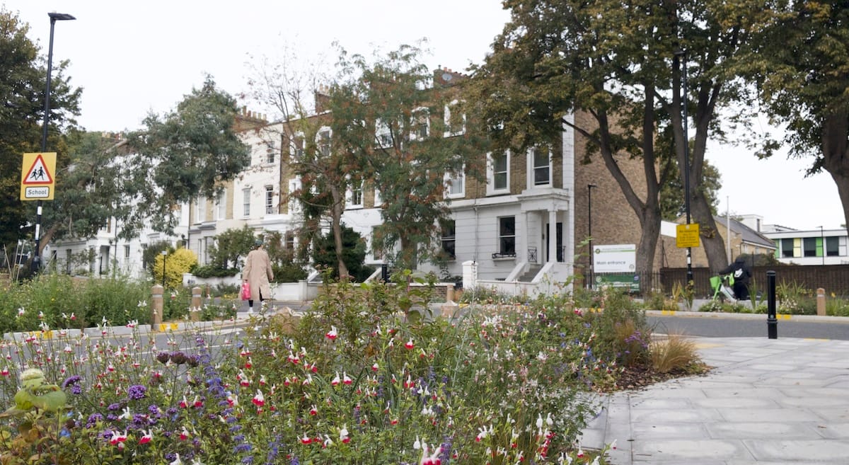 Greenery and flowers in the foreground on a Mildmay street. A woman walks along the pavement in the background.