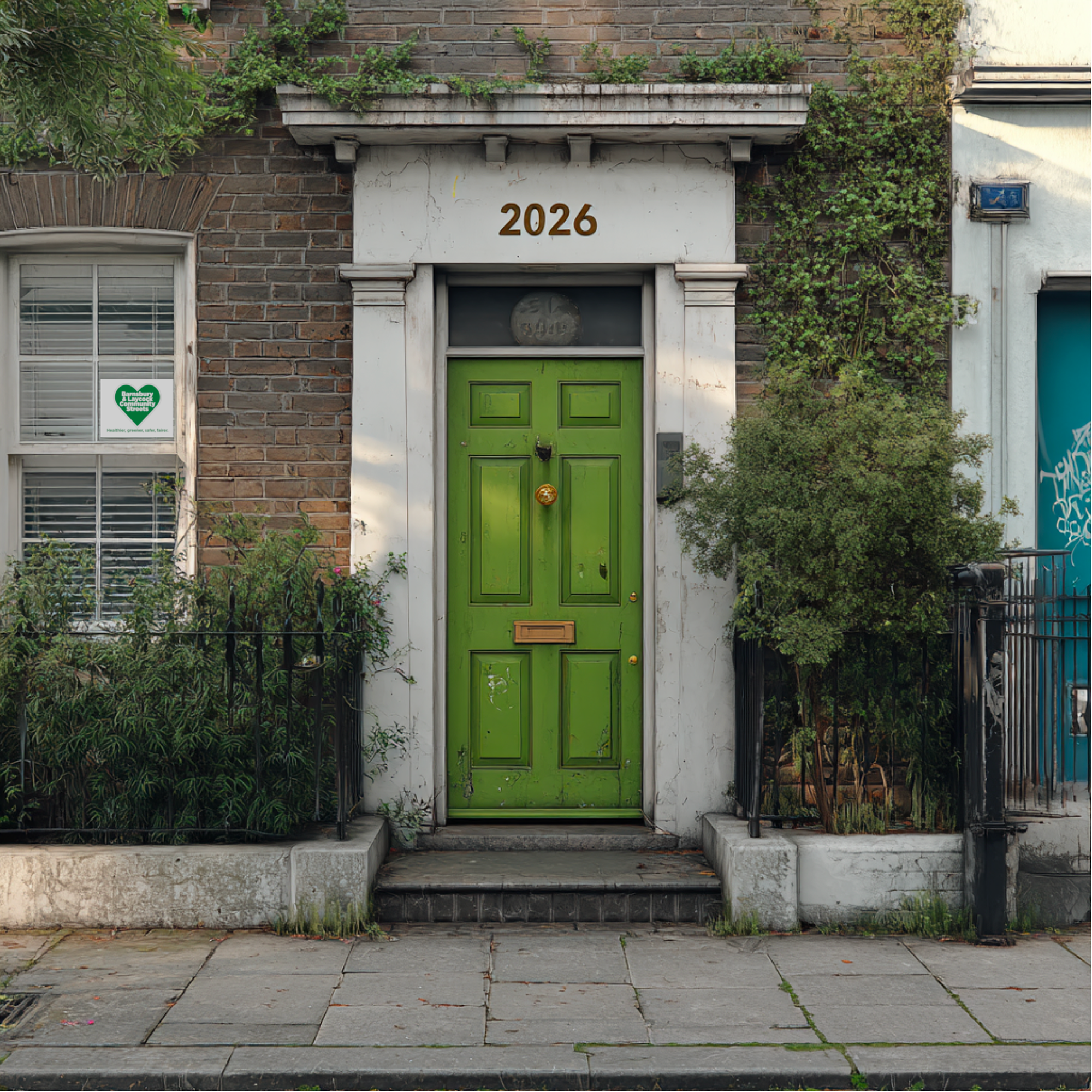 A green door with the number "2026" above and a BLCS Heart leaflet in the window.