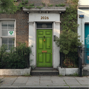 A green door with the number "2026" above and a BLCS Heart leaflet in the window.
